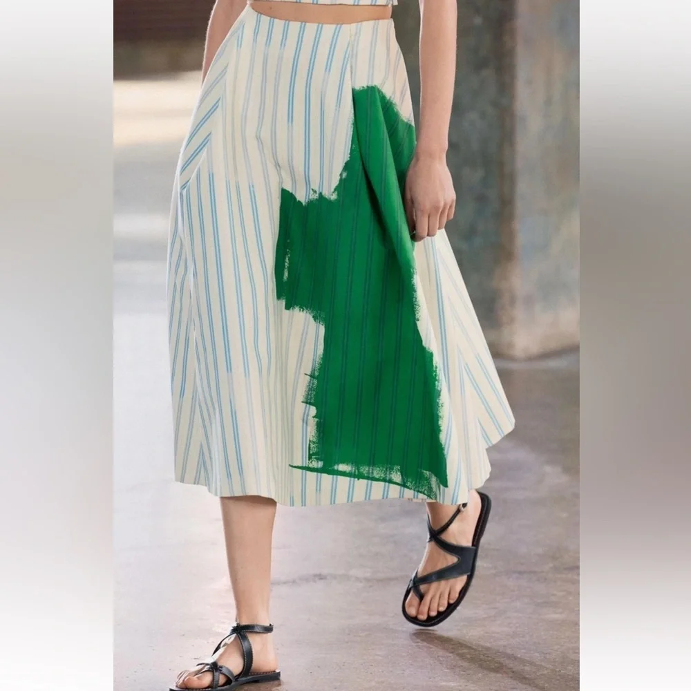 ZARA WOMAN MID-RISE MIDI STRIPED PRINT FULL SKIRT sz. XS